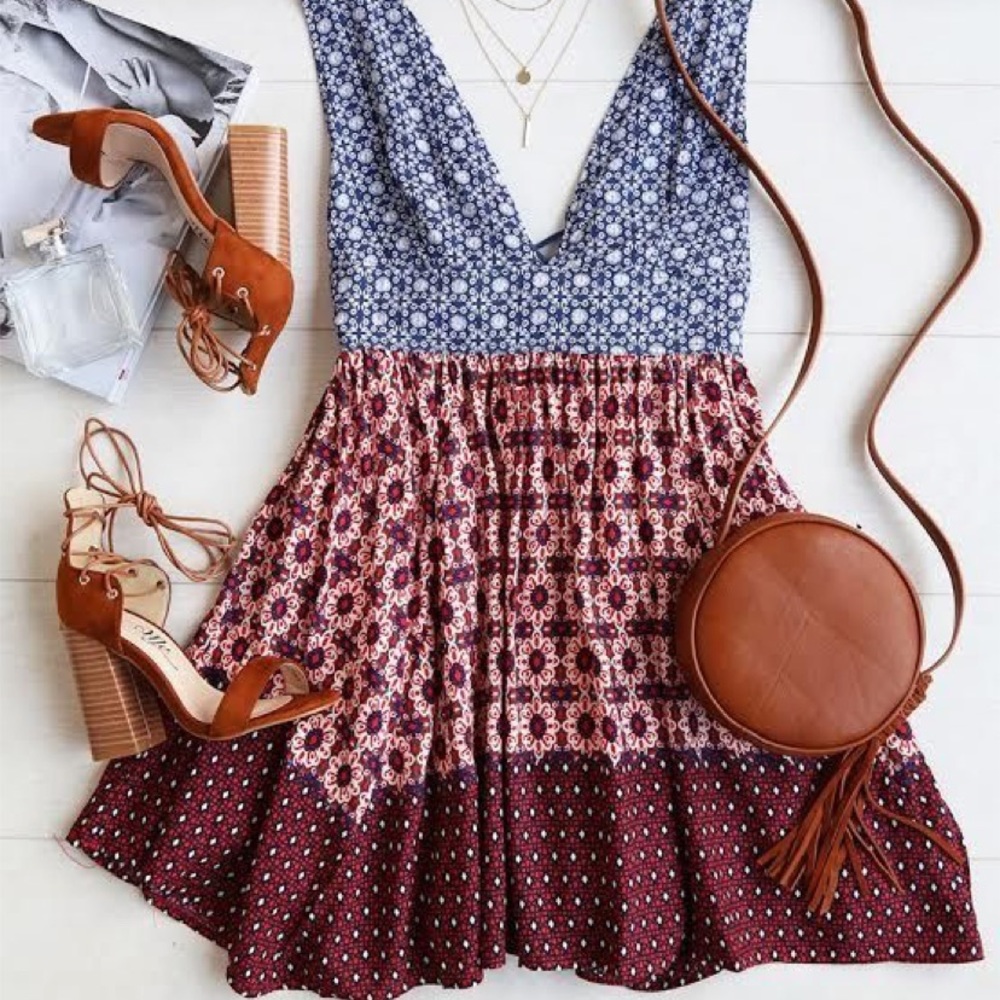 Lulu’s Red and Blue Patterned Floral Dress